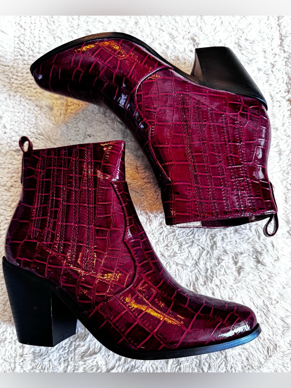 Chase + Chloe Burgundy Croc-Embossed Patent Ankle Boots